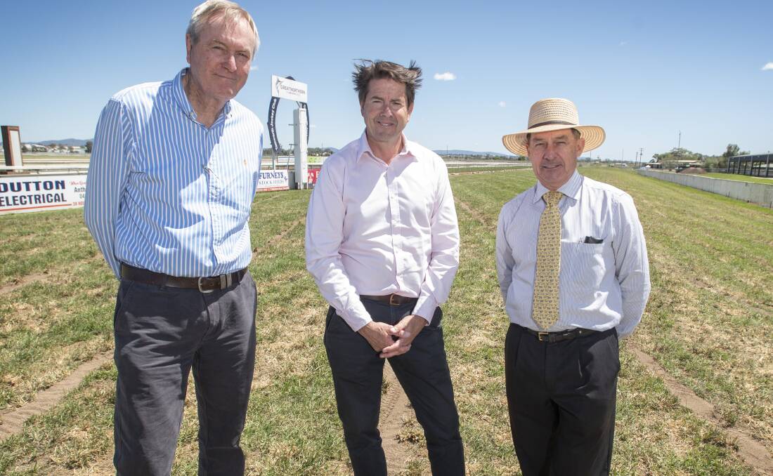Tamworth Jockey Club chairman Barry Burnett, Racing Minister and Tamworth MP Kevin Anderson and TJC general manager Wayne Wood at the track upgrade launch earlier in 2020. Photo: Peter Hardin