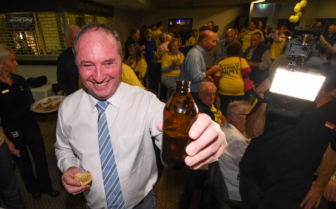 RE-ELECTED: Barnaby Joyce celebrates winning his third term as member for New England in 2019. Photo: Gareth Gardner, file