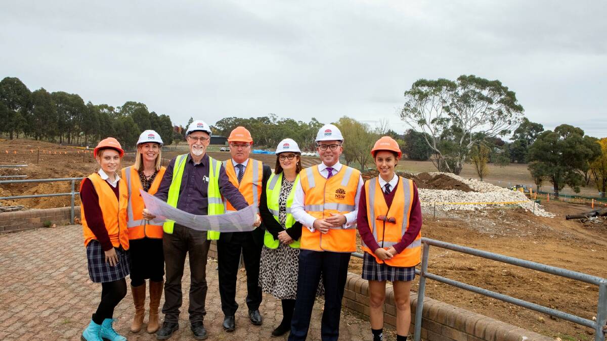 Inspecting work recently on the new $121 million Armidale Secondary College, College Captain Charlotte Charteris, Principal Carolyn Lasker, NSW Education Infrastructure Project Manager Terry OSullivan, NSW Education Director School Leadership Pat Cavanagh, Education Minister Sarah Mitchell, Northern Tablelands MP Adam Marshall and Vice Captain Alyssa Armstrong.