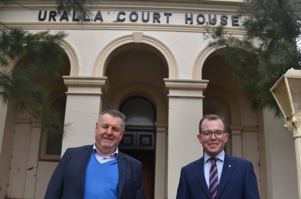 NEW BEGINNINGS: Uralla Mayor Michael Pearce and Northern Tablelands MP Adam Marshall celebrate the planned update of Uralla's Court House. Photo: Andrew Messenger