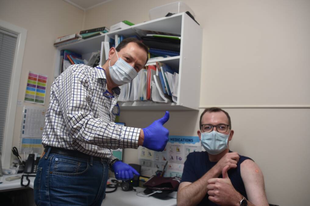 FULLY VACCINATED: Uralla doctor Ricardo Alkhouri and Northern Tablelands MP Adam Marshall after his Pfizer COVID-19 jab. Photo: File, Andrew Messenger.