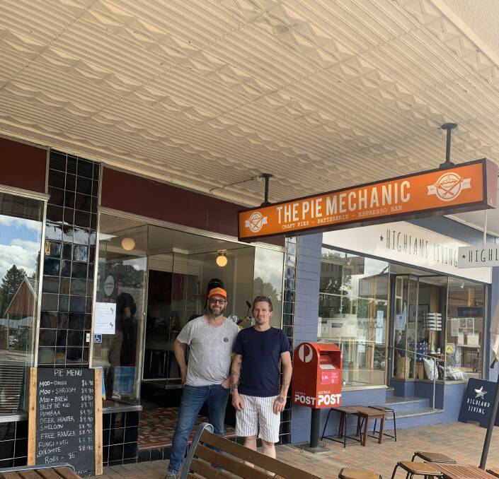 NEW TEAM: New owner Adam Hayes (left) and baker Sam Craven (right) are restoring Uralla's Pie Mechanic, and the public and bussiness community have got right behind the new management team. Photo: Supplied