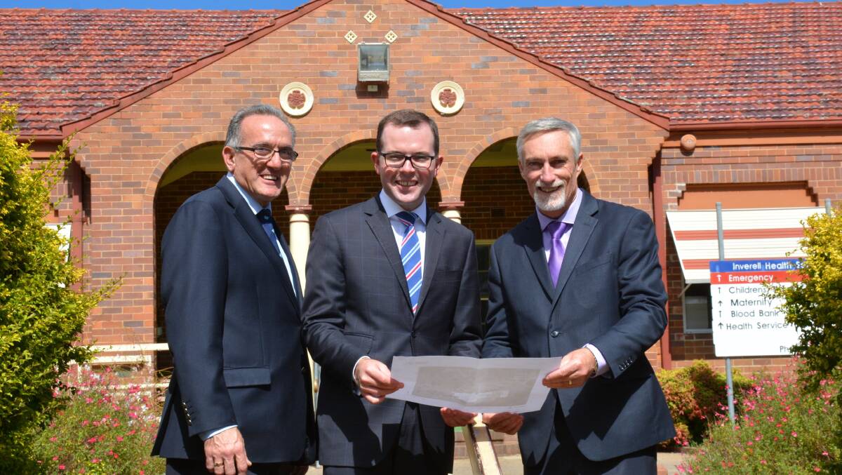 Outside Inverell District Hospital with Inverell's deputy mayor Anthony Michael and mayor Paul Harmon.