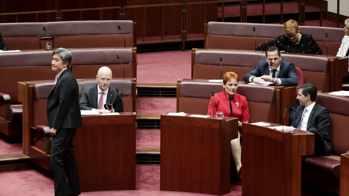 Senators Penny Wong, David Leyonhjelm and Penny Wong during debate in the Senate at Parliament House in Canberra on Thursday 21 June 2018. fedpol Photo: Alex Ellinghausen