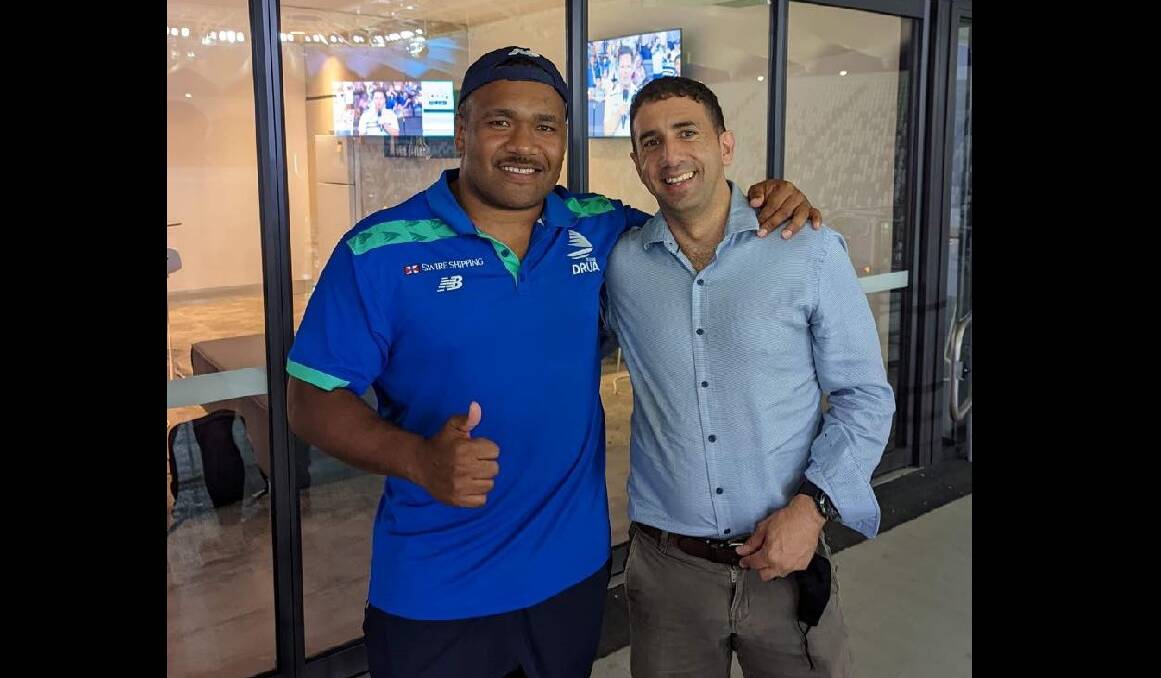 Dream come true: Jone Tiko (left), pictured here with former Armidale Blues mentor Luke Stephen, has been named on the bench for the Fijian Drua.