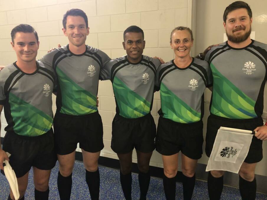 Great experience: Kath Little (second from right) with fellow referees (L-R) Aaron Pook, James Quinn, Tevita Rokovereni and Andrew Cox.