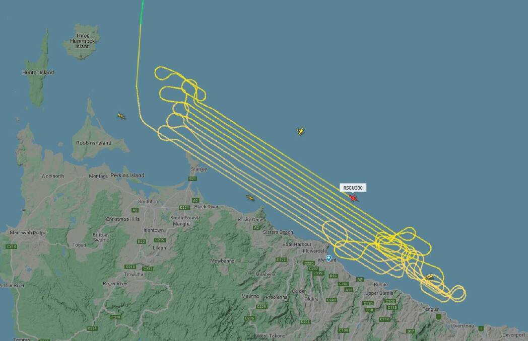 The five search aircraft have been combing an area between Robbins Island and Ulverstone in search for the missing vessel. Picture: Flightradar24.com