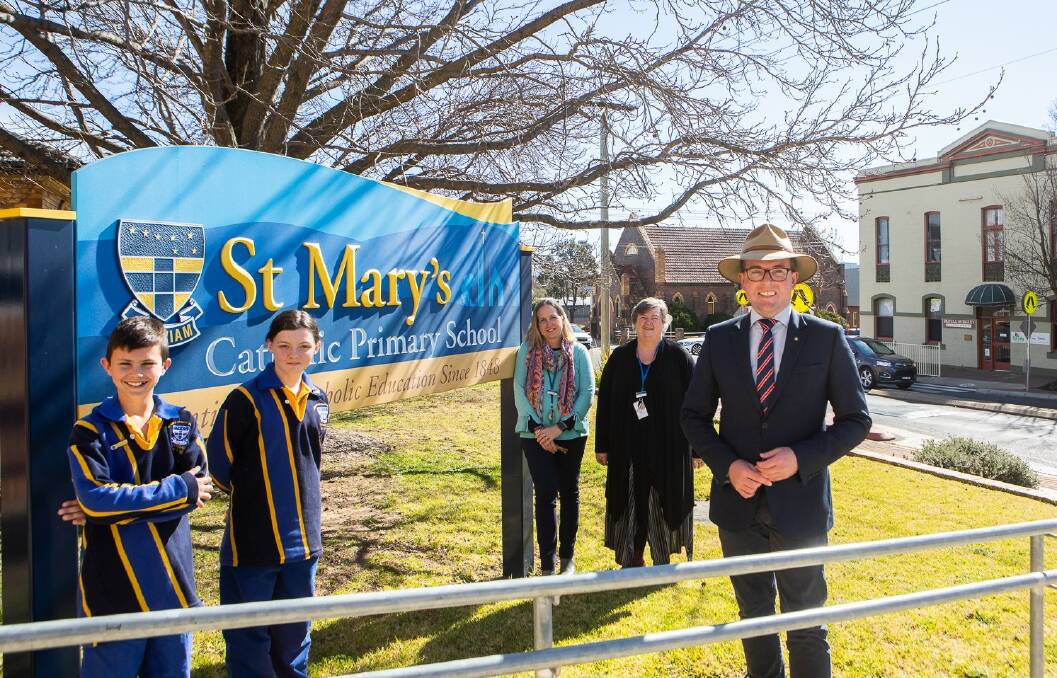 SAFER SCHOOL: St Marys Catholic Primary School captains Luke Schmude and Madeleine Cowley, assistant principals Louise Reinke and Dale Cain with Northern Tablelands MP Adam Marshall.