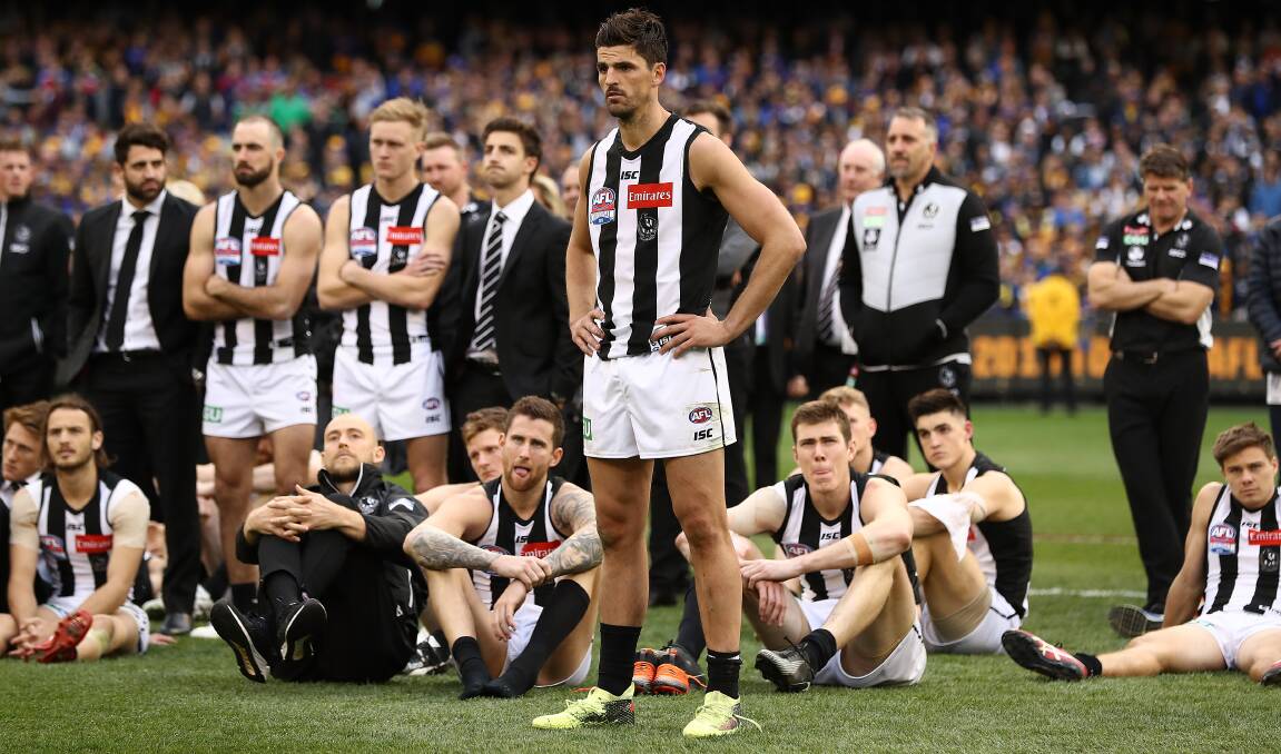  Collingwood's Scott Pendlebury looks dejected after the 2018 AFL Grand Final match between the Magpies and the West Coast Eagles. Photo: Ryan Pierse/AFL Media/Getty Images
