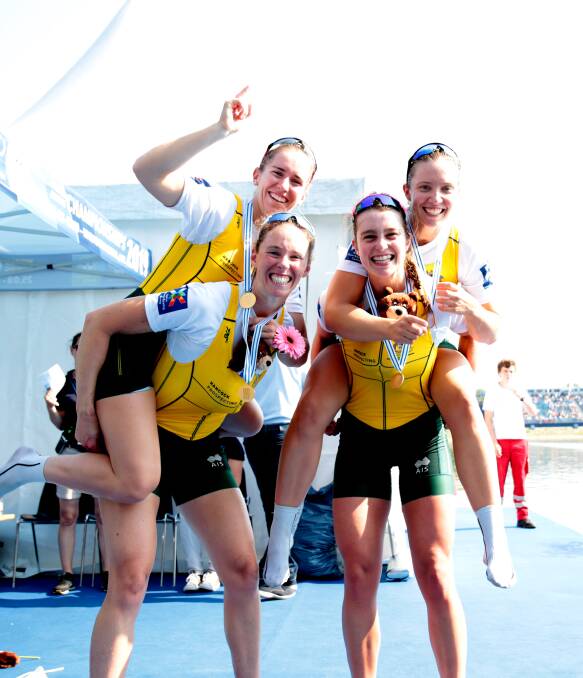 Stephan and the women's coxless four celebrate after World Championship success. Picture: ROWING AUSTRALIA