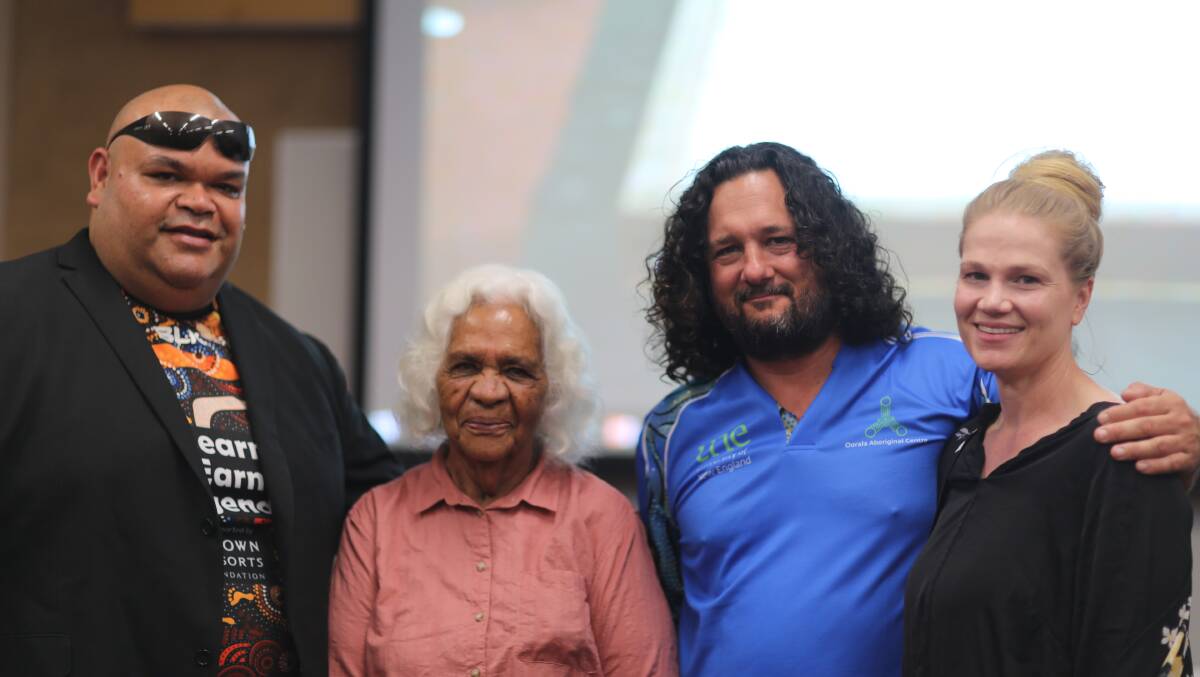 Victor Briggs, Veronica Perrurle Dobson AM, Tyson Yunkaporta, and Kate Mitchell at the Sandtalks event held at the Oorala Aboriginal Centre at the University of New England