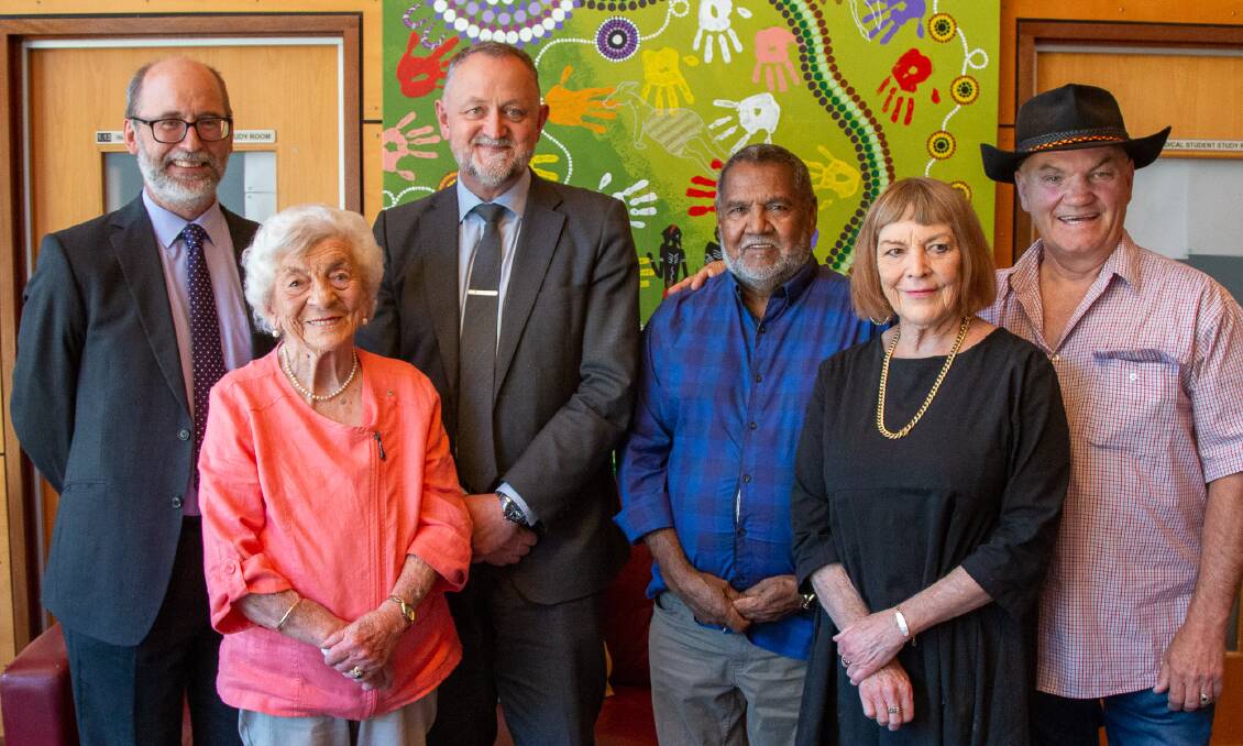 Dean of HASSE Professor Michael Wilmore, Ms Thelma McCarthy and Ms Annette McCarthy representing the Crew family, Provost & Deputy Vice-Chancellor Professor Todd Walker, Elder in Residence Mr Colin Ahoy and adjunct Professor Jack Beetson at the inaugural Neville Crew Memorial Lecture at the University of New England.
