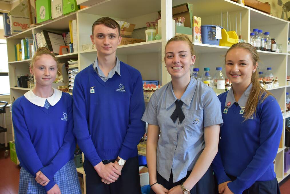 SCIENCE PRIZES: O'Connor Catholic College's Jordan Windred, Nick Andrews, Taryn Ramage, and Meg Lye have been awarded prizes in the 2018 NSW Young Scientist Awards. Photo: Nicholas Fuller