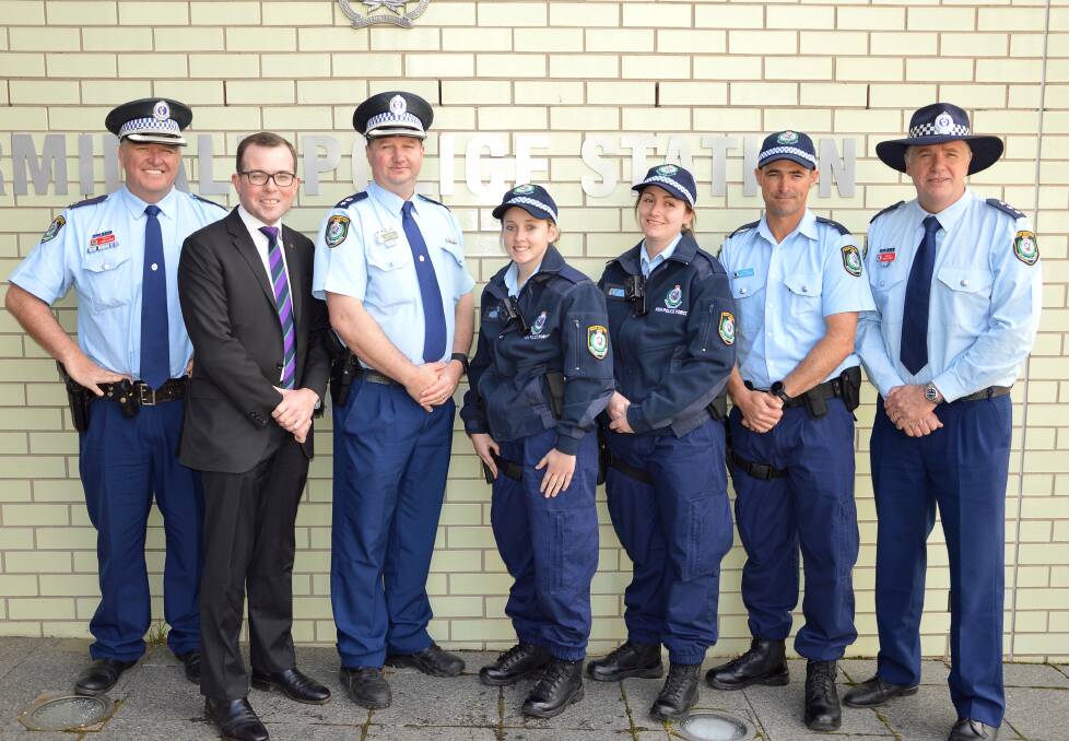 Welcoming the new Police recruits in August this year, Chief Inspector Rowan O’Brien, left, Northern Tablelands MP Adam Marshall, Superintendent Scott Tanner, Probationary Constables Mekalah Dillon, Isabelle Henderson, and Luke Kearney, and Inspector Roger Best at Armidale Police Station.
