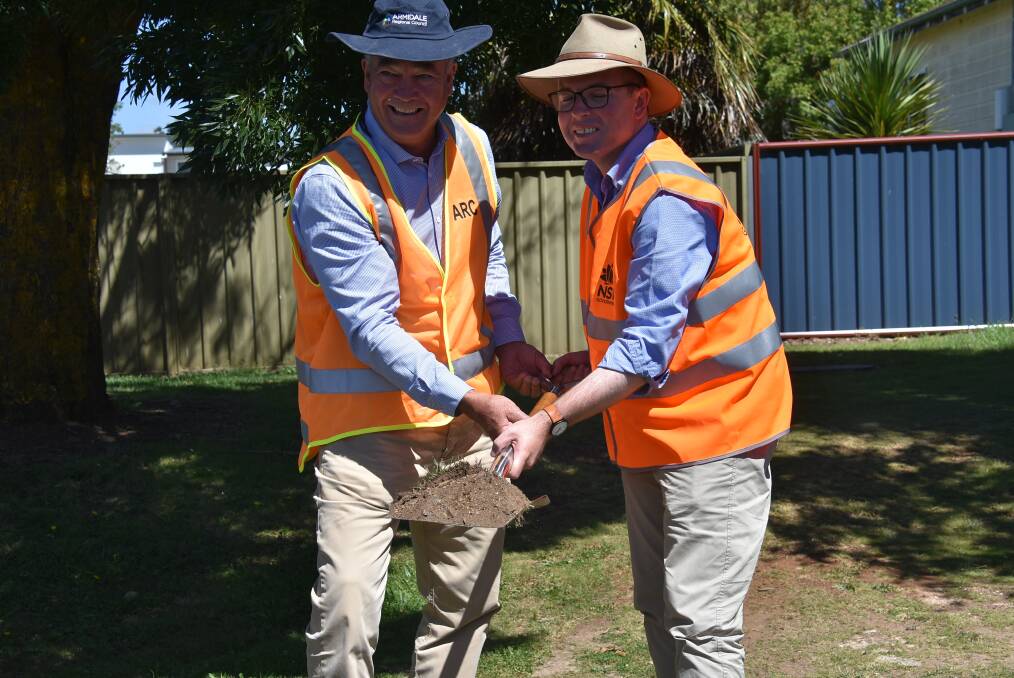 DAM IT!: Cr Simon Murray and Northern Tablelands MP Adam Marshall turning the first sod of the Guyra to Malpas Dam pipeline. Photo: Nicholas Fuller
