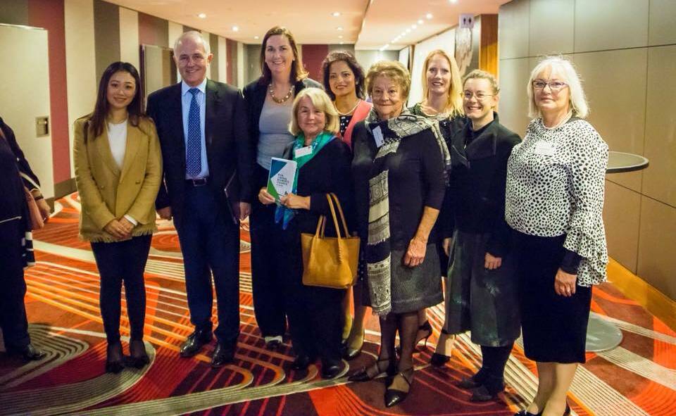 PRIME MINISTER AND FRIENDS: Malcolm Turnbull with members of the Liberal Women's Council - NSW; Aileen MacDonald at right. Photo: Liberal Women's Council - NSW