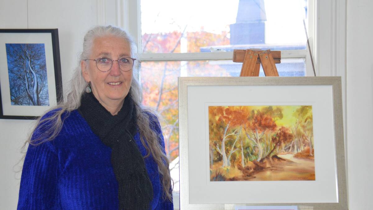 CURATOR: New England Art Society president Tess Cullen stands next to a painting that will be raffled off in August. The exhibition is "a fabulous collection of art", Ms Cullen said. Photo: Nicholas Fuller 