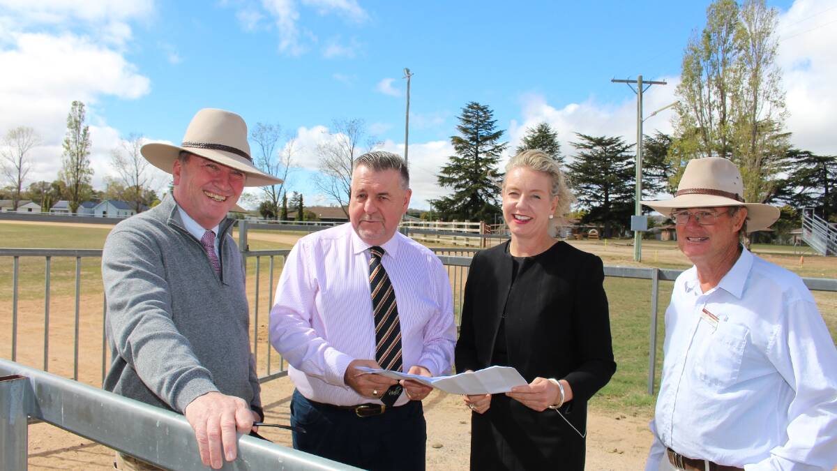 Member for New England Barnaby Joyce and Agriculture Minister Senator Bridget McKenzie meet Uralla Shire Council mayor Cr Michael Pearce and councillor Natasha Ledger to inspect plans for showground upgrades the Federal Government recently funded.