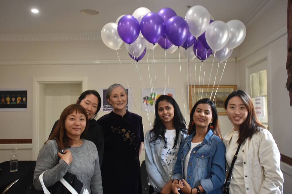 LADIES WHO LUNCH: (L to R) Catherine Millis, President of the UNE Women's Society, with Kyunghee Cho, Serom Lee, and Hyuna Eum, all from South Korea, and Jwala Poudel and Leela Thapaliya, both from Nepal.