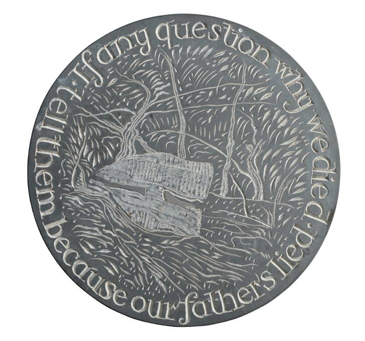 "Three medallions after Simonides for Hill 60, Battle of Messines, Ypres", 2017, Mintaro Slate, 50 cm diameter, by Ian Marr.