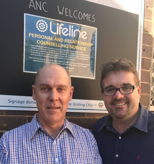 HELPING THOSE IN NEED: Peter Barker, volunteer counsellor with Lifeline Armidale, and Robert Sams, Lifeline's regional manager in the Hunter & Central Coast.  Photo: Craig Eardley.