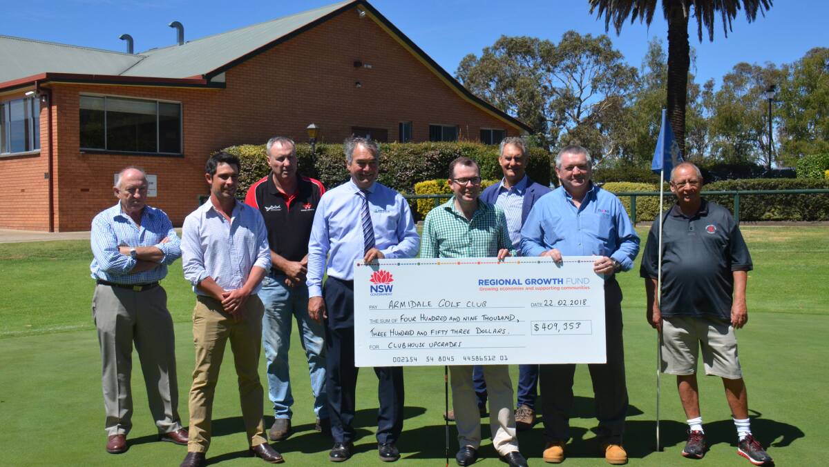 LINK-ING BUSINESS AND SPORT: Members of the Armidale Golf Club celebrate funding, with mayor Simon Murray and Northern Tablelands MP Adam Marshall.  (Photo: Nicholas Fuller.)