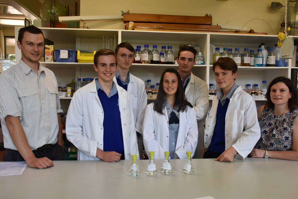 YOUNG SCIENTISTS: Teachers Daniel Fittler (left) and Lily Moar (right), with pupils Mitchell Jones, Nick Andrews, Laura Di Luzio, Harrison Stewart, and Sebastian Battersby. Photo: Nicholas Fuller