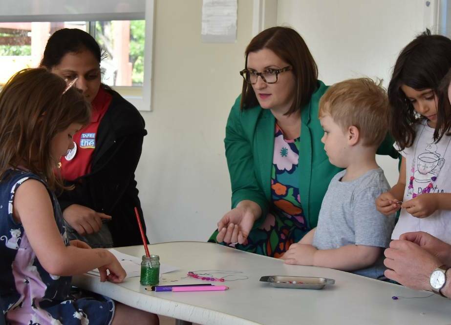 ART: NSW Education Minister Sarah Mitchell visiting Armidale Montessori Preschool last year. She will open NERAM's ARTEXPRESS exhibition next week. Photo: Steve Green