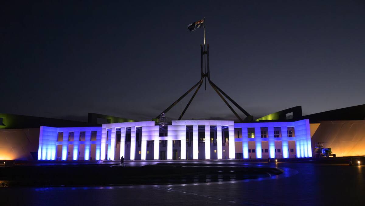 Parliament House lit up in blue and white for Israel. Picture by Keegan Carroll
