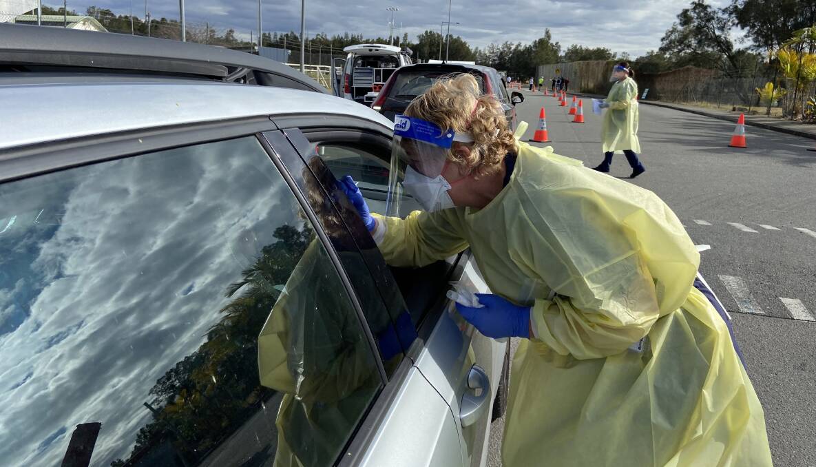 Drive-through COVID testing continues at Port Macquarie's Regional Stadium.