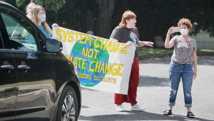 Climate change protesters at BlueScope in Port Kembla on Thursday.