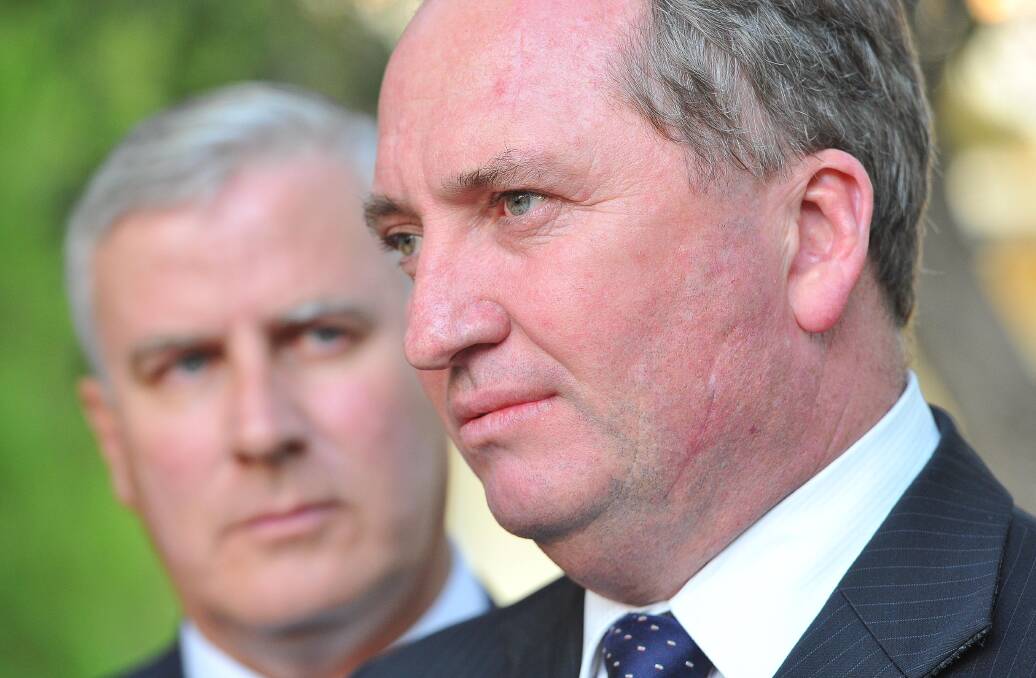 Riverina MP Michael McCormack and then deputy prime minister Barnaby Joyce during a visit to Wagga in 2016. Mr Joyce claimed this week that the Nationals were in a "marriage of convenience" with the Liberals.