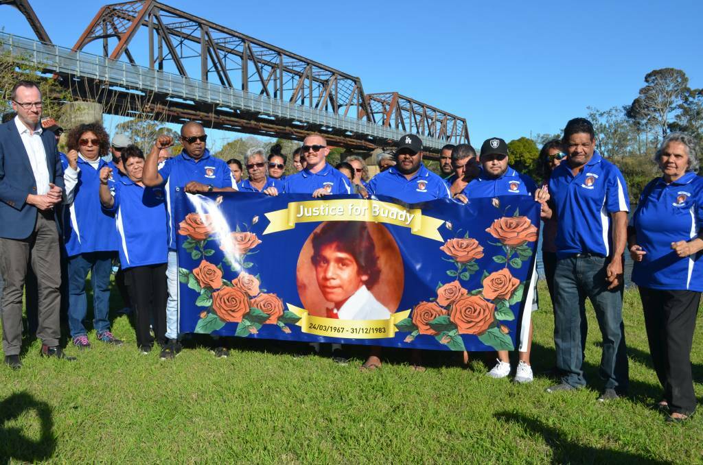 Lewis 'Buddy' Kelly's family and Greens Aboriginal Justice spokesperson David Shoebridge rally for justice at the last location Buddy was seen alive. Photo: Callum McGregor