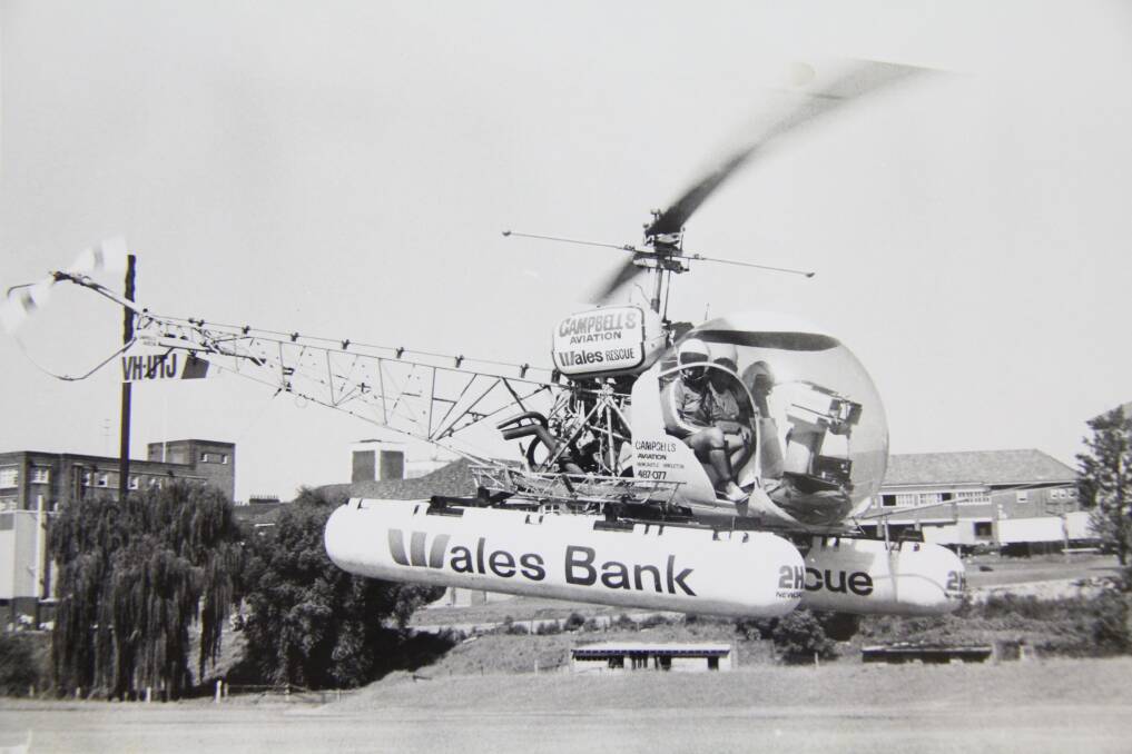Early days of the Hunter's rescue helicopter service, with the stretcher just above the float of the Bell 47. Picture: Supplied