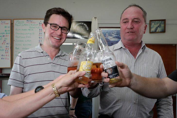 FILE PHOTO: Nationals MP David Littleproud has a beer with Nationals candidate for New England, Barnaby Joyce, at the Aero Club in Tamworth, the evening before the New England by-election, on Friday 1 December 2017. fedpol Photo: Alex Ellinghausen