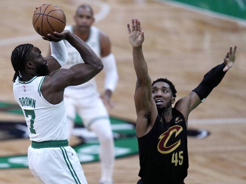 Jaylen Brown has led the Celtics to a comfortable 25-point victory over Cleveland in Boston. (AP PHOTO)