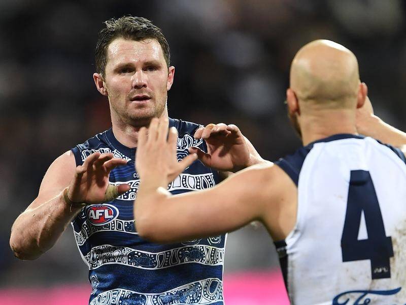 Another Patrick Dangerfield (L) masterclass has led Geelong to a 68-point AFL thumping of Carlton.