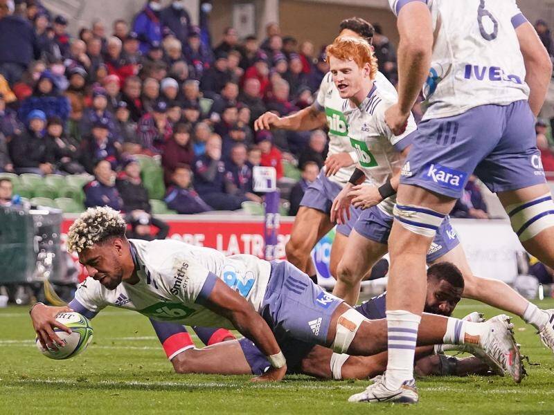 Hoskins Sotutu scores one of his two tries in the Blues' 50-3 Super Rugby thrashing of the Rebels.