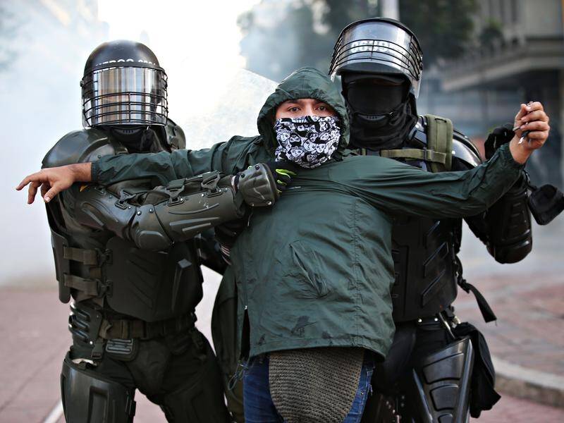 Police and protesters have clashed during a national strike in Bogota, Colombia.