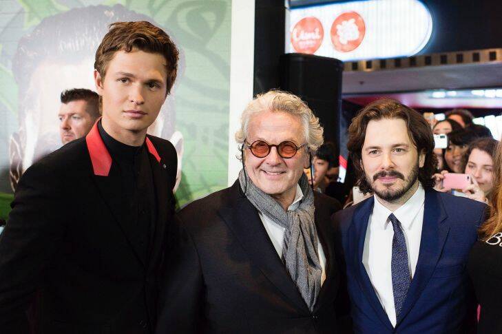 SYDNEY, AUSTRALIA - JULY 12: Actor Ansel Elgort, Dr George Miller and writer-director Edgar Wright at the Baby Driver red carpet at Event Cinemas on JULY 12, 2017 in Sydney, Australia.  (Photo by Christopher Pearce/Fairfax Media