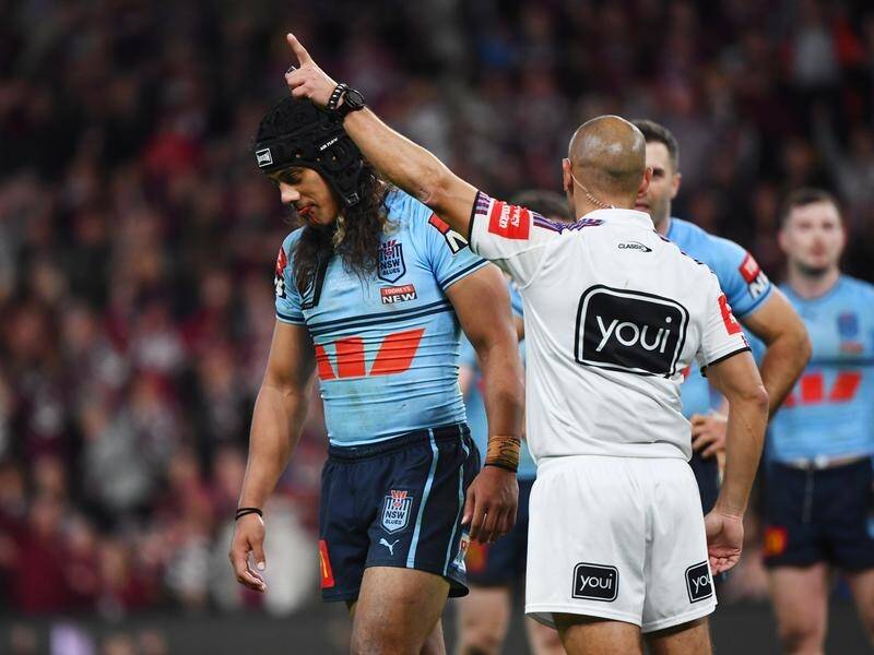 Jarome Luai is sent off by referee Ashley Klein against Queensland at Suncorp Stadium. (Jono Searle/AAP PHOTOS)