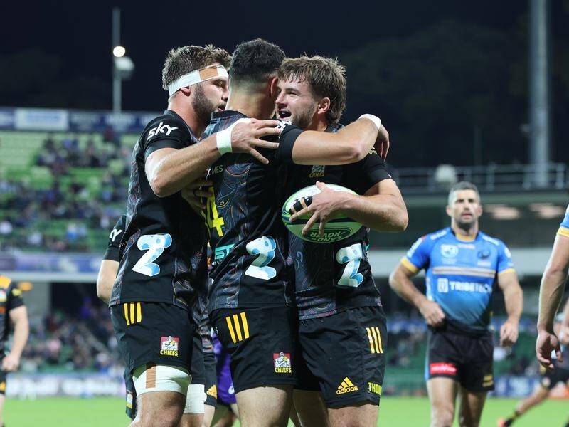 Chiefs celebrate after Alex Nankivell scores against Western Force in their Trans-Tasman clash.