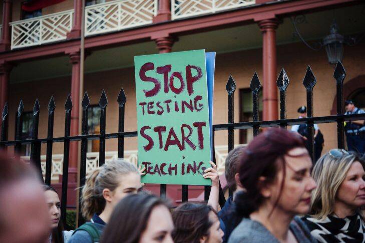 SYDNEY, AUSTRALIA - SEMPTEMBER 06: Students protest NAPLAN at NSW Parliament on SEMPTEMBER: 6, 2017 in Sydney, Australia.  (Photo by Christopher Pearce/Fairfax Media)