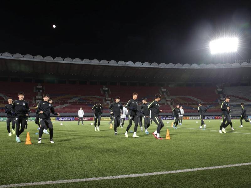 South Korea trained at Kim Il-sung Stadium in Pyongyang ahead of the match against North Korea.