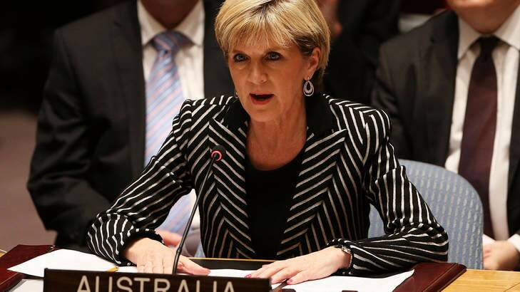 Australian Foreign Minister Julie Bishop, pictured speaking at a meeting of the United Nations Security Council, has warned Russia that Australia is poised to increase sanctions. Photo: Spencer Platt/Getty Images/AFP