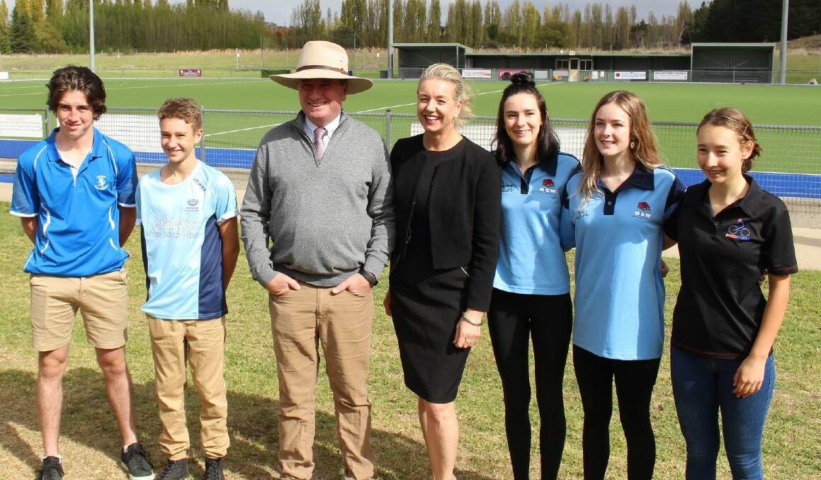 Member for New England Barnaby Joyce and Minister for Sport Bridget McKenzie in Armidale with local athletes successful in the recent funding round (l-r) Kieran Wicks, Caleb Bettison, Katie Haynes, Michelle Haynes and Olive Tutt.
