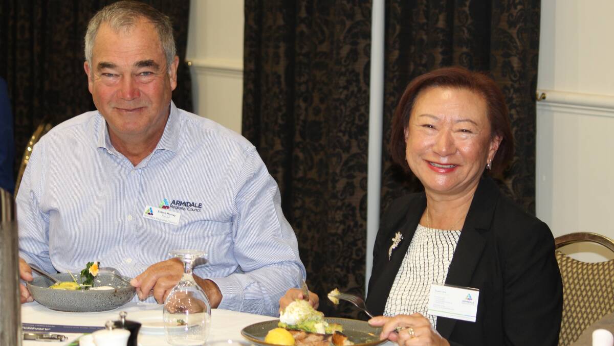 BREAKFAST BREAK: Armidale Regional Mayor Simon Murray with CEO Susan Law at Wednesday morning's first meeting with the region's business leaders.