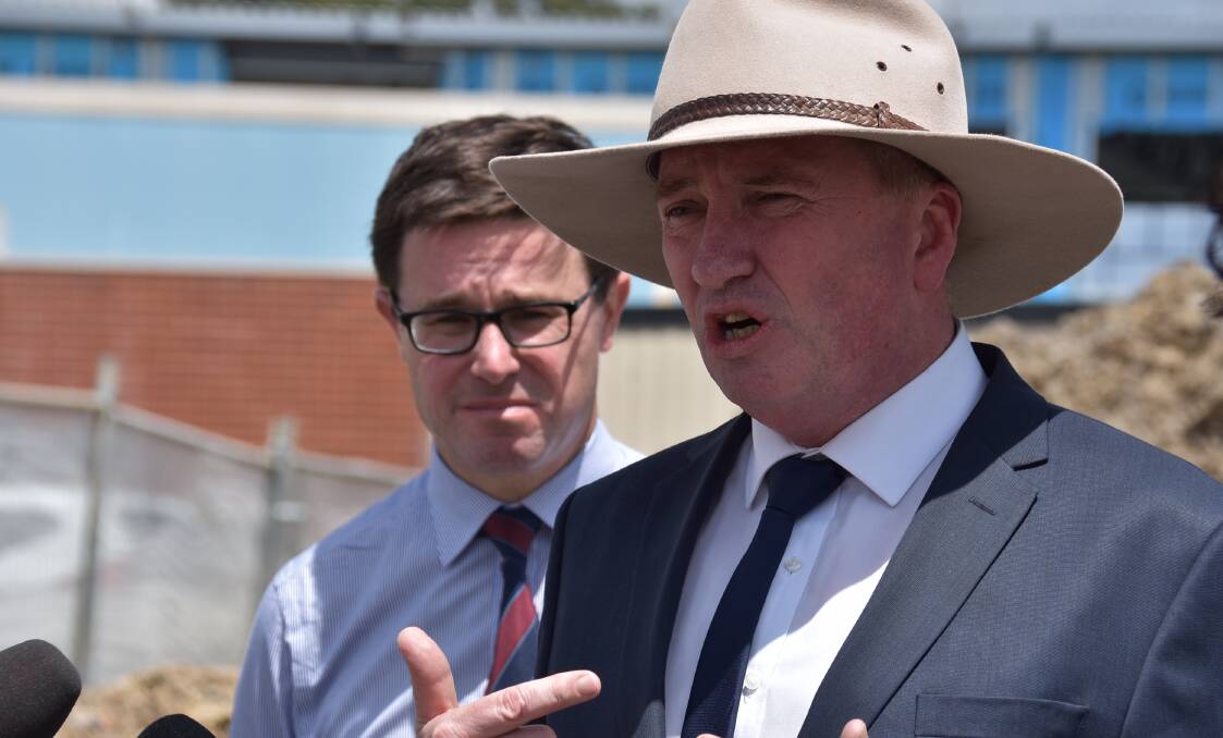 PLANNING: Member for New England Barnaby Joyce with Minister for Agriculture David Littleproud outside the APVMA building earlier this year.