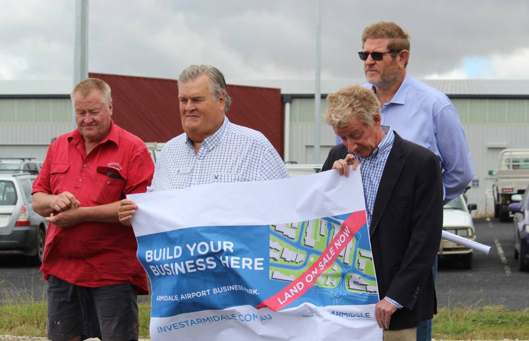 TEAM: Cr Jonathan Galletly, Cr Peter Bailey, program leader Tourism, Marketing and Events Tony Broomfield and Cr Andrew Murat spread the word at the launch of the airport business park.