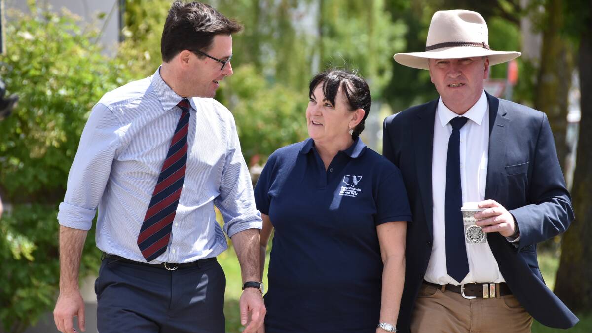 ANNOUNCEMENT: Minister for Agriculture David Littleproud with Jennifer Jeffrey and Member for New England Barnaby Joyce outside the APVMA construction on Friday morning.